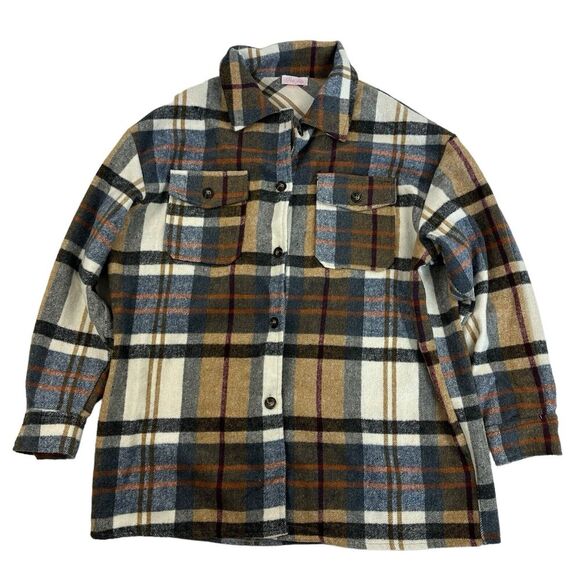 Pink Lily Multicolor Plaid Button Up Shirt Shacket Thick Fleece Polyester Size S - Picture 1 of 11
